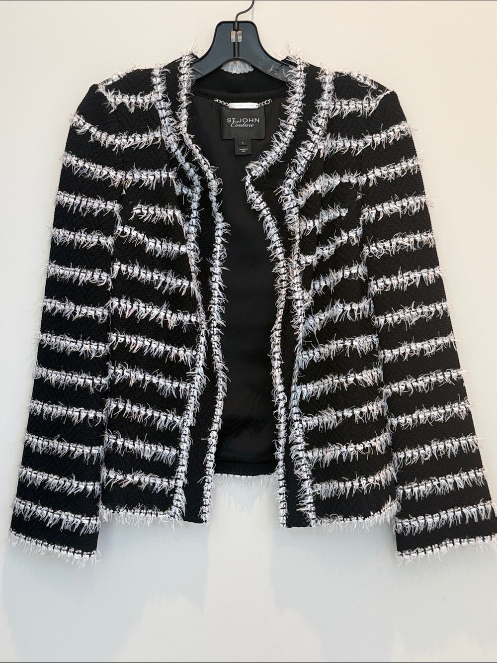 St. John Collection Black and White Fringed Stripe Tweed Jacket